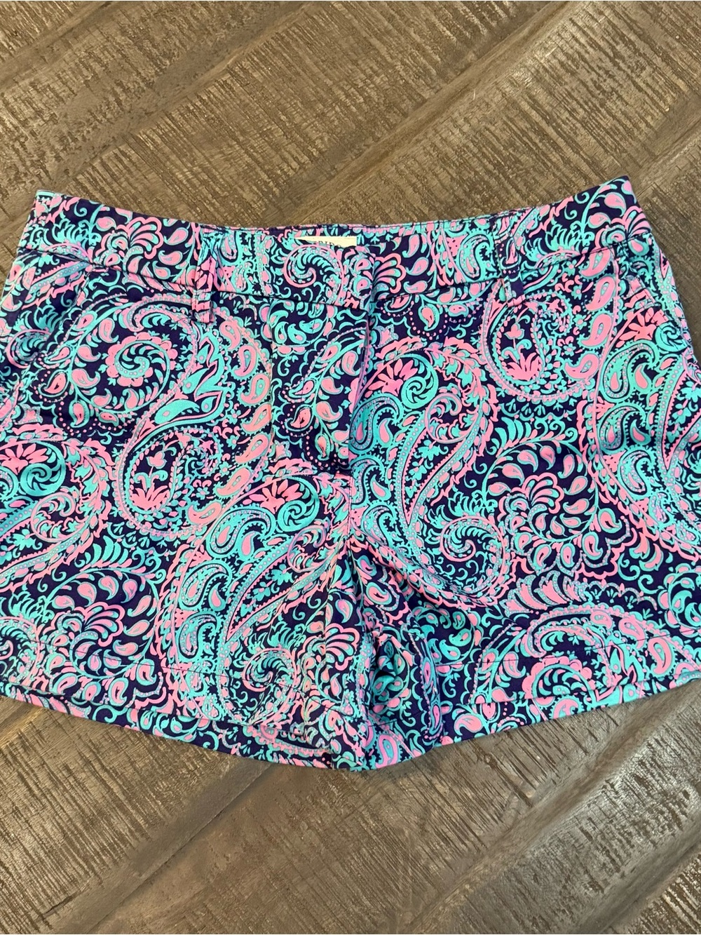 Cambridge Dry Goods Pink & Aqua Paisley Stretch Bermuda Shorts